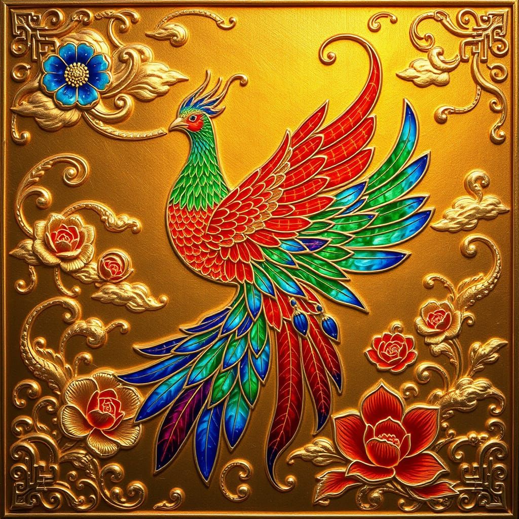 Majestic Phoenix in Cloisonné Style with Floral Motifs