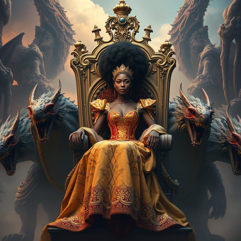 Regal Black Queen in Fantasy Throne Scene