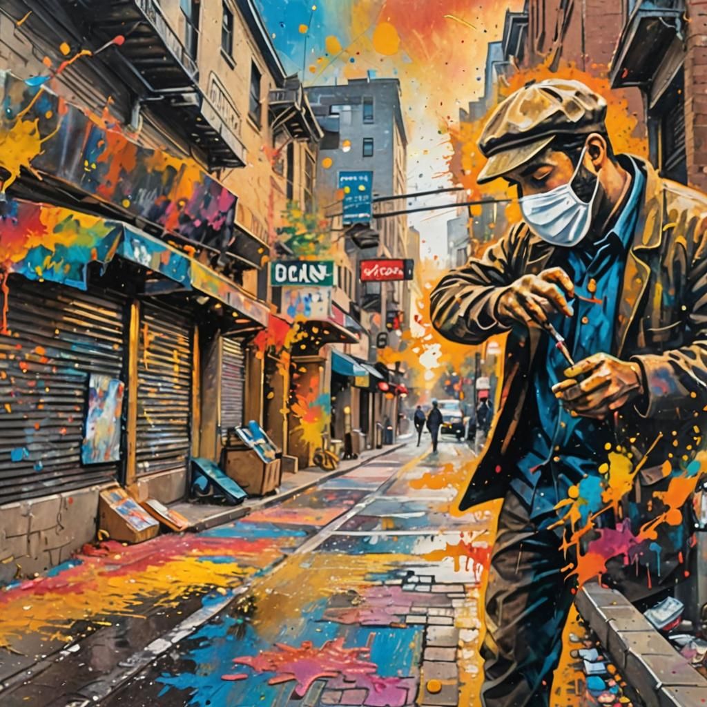 Impressionist Street Art: Masked Artist at Golden Hour
