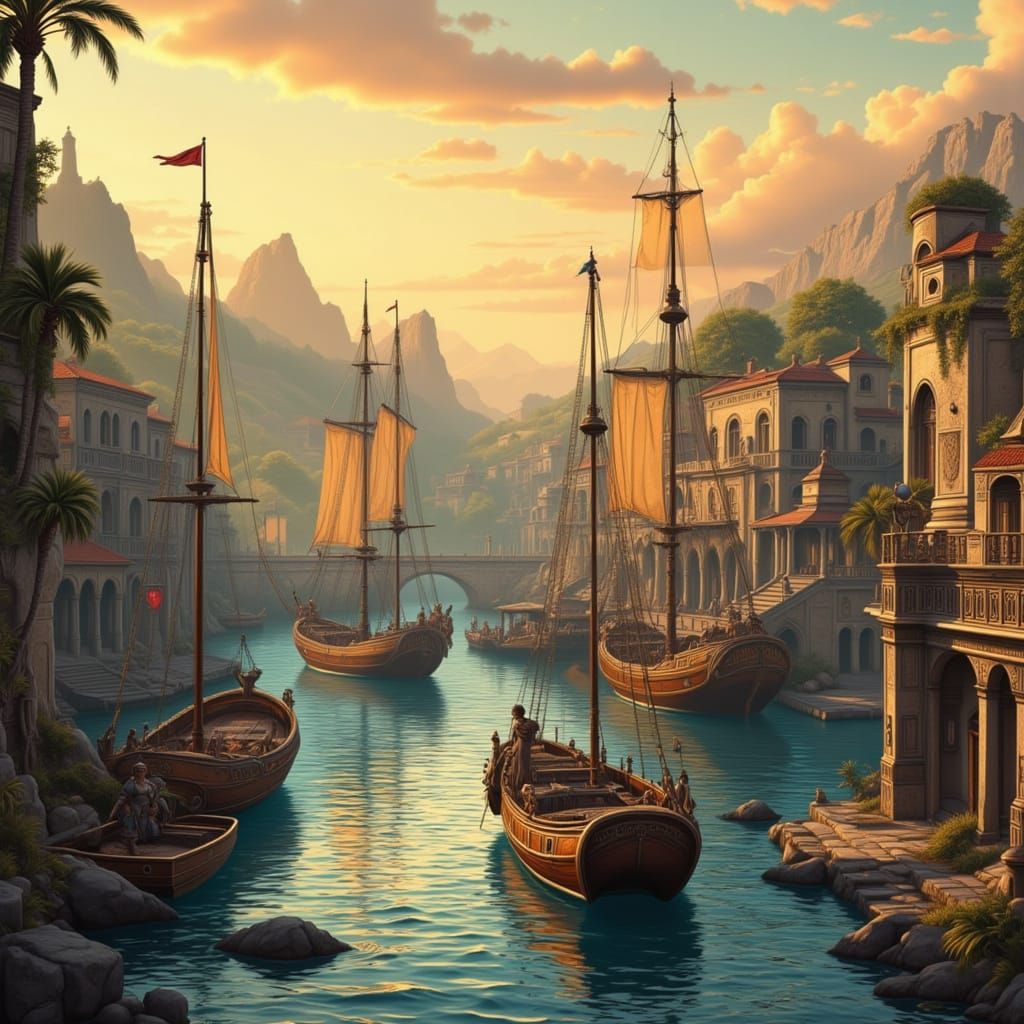 Phoenician Harbor at Golden Hour: Digital Art