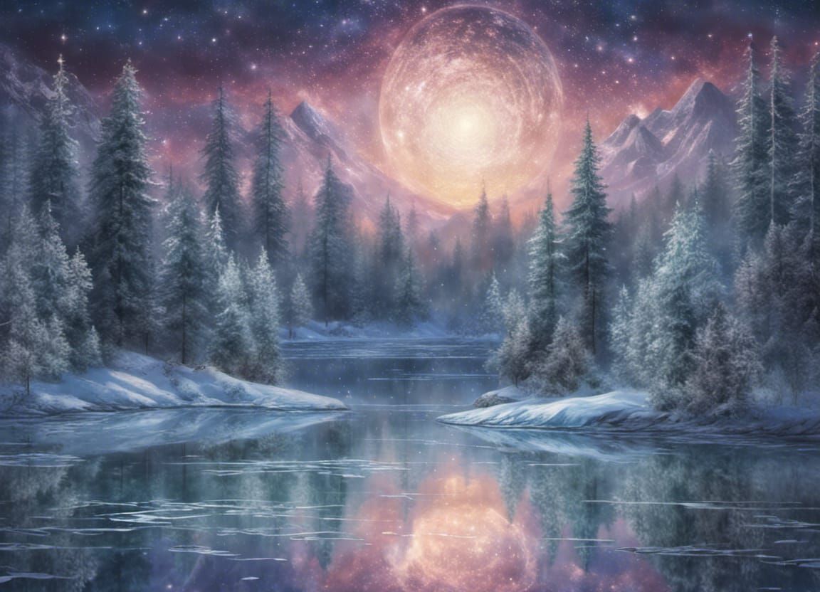 Frozen Lake Reflects Starry Winter Night Sky