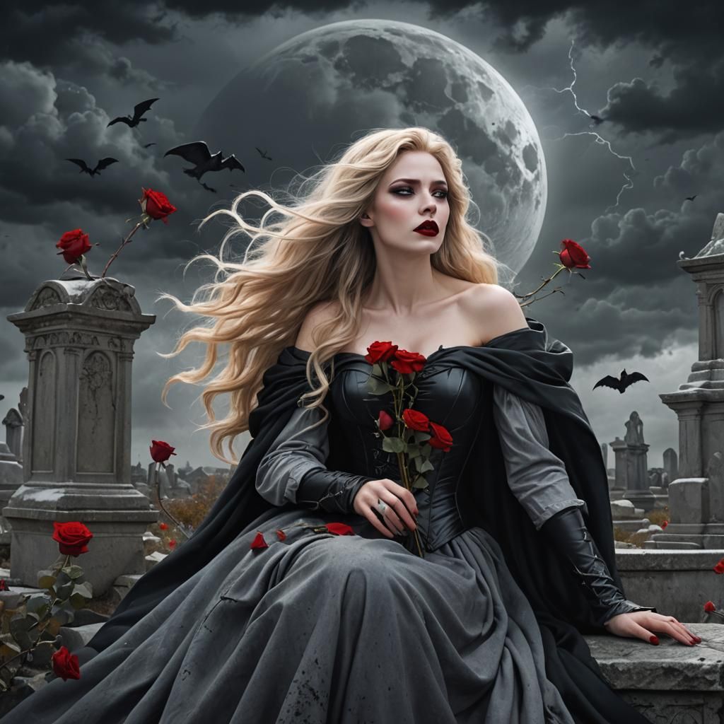 Goddess in Graveyard with Rose, Detailed Matte Painting