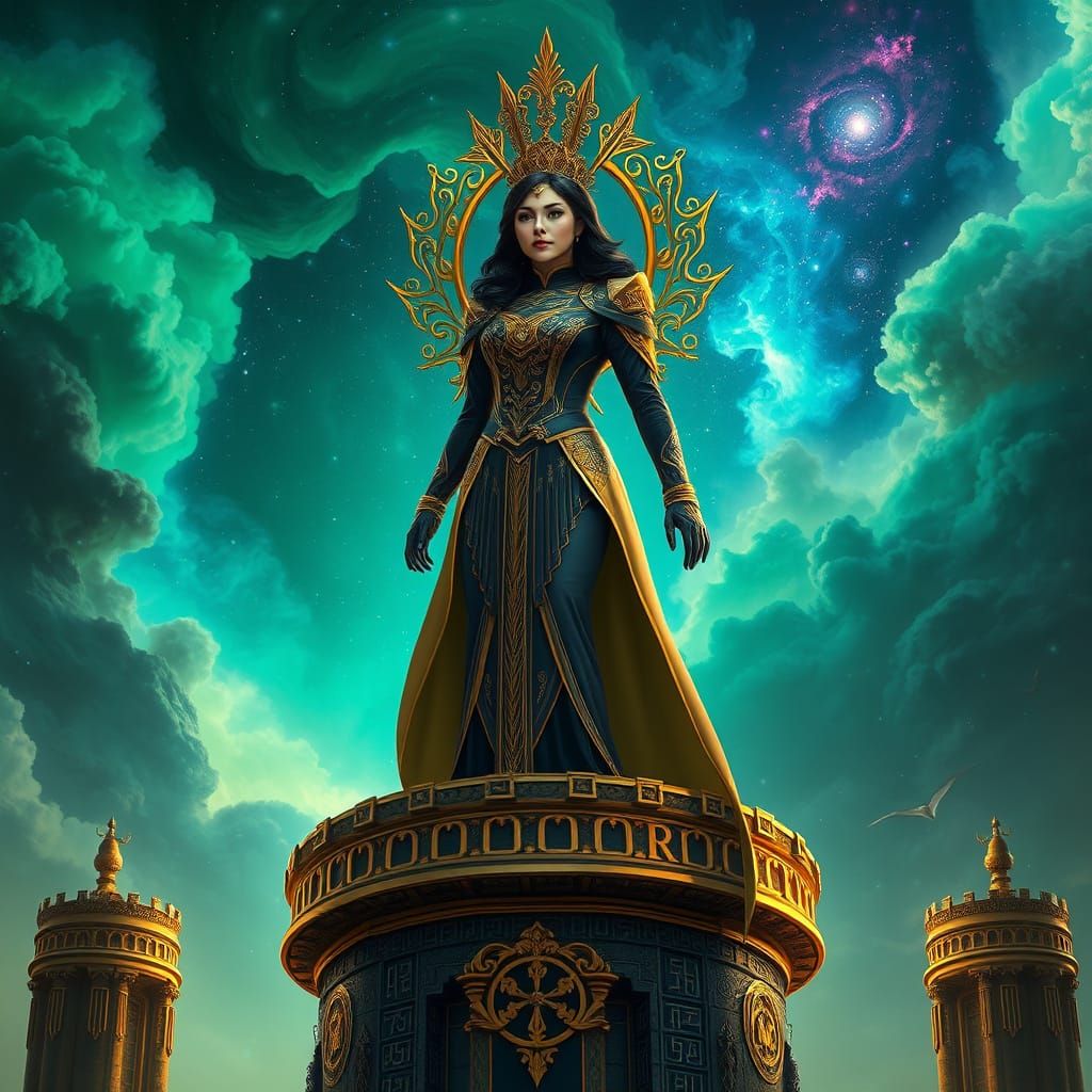 Regal Starfleet Duchess in Ancient Temple amidst Cosmic Vort...