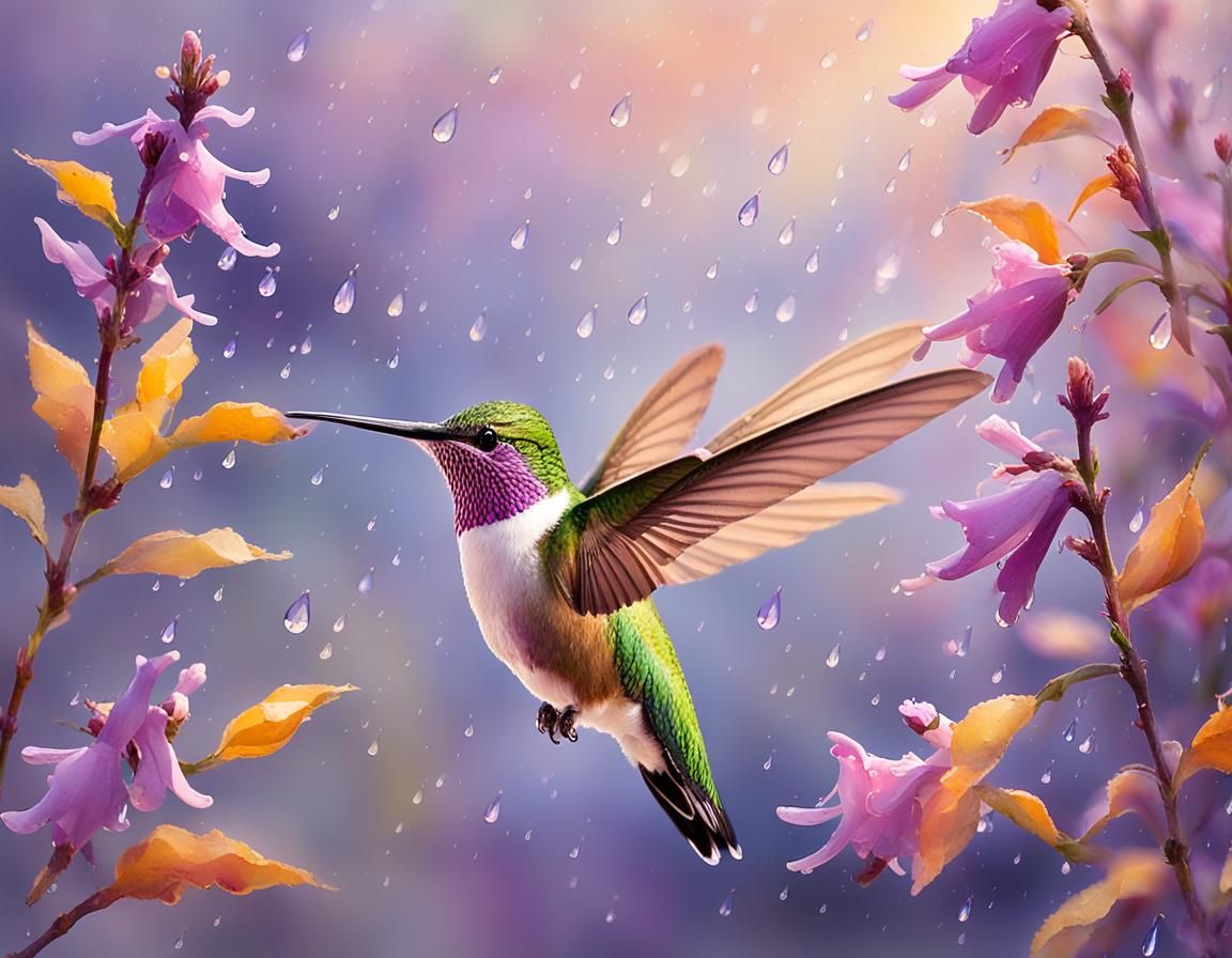 Hummingbird in Rainy Autumn Meadow, Watercolour Painting