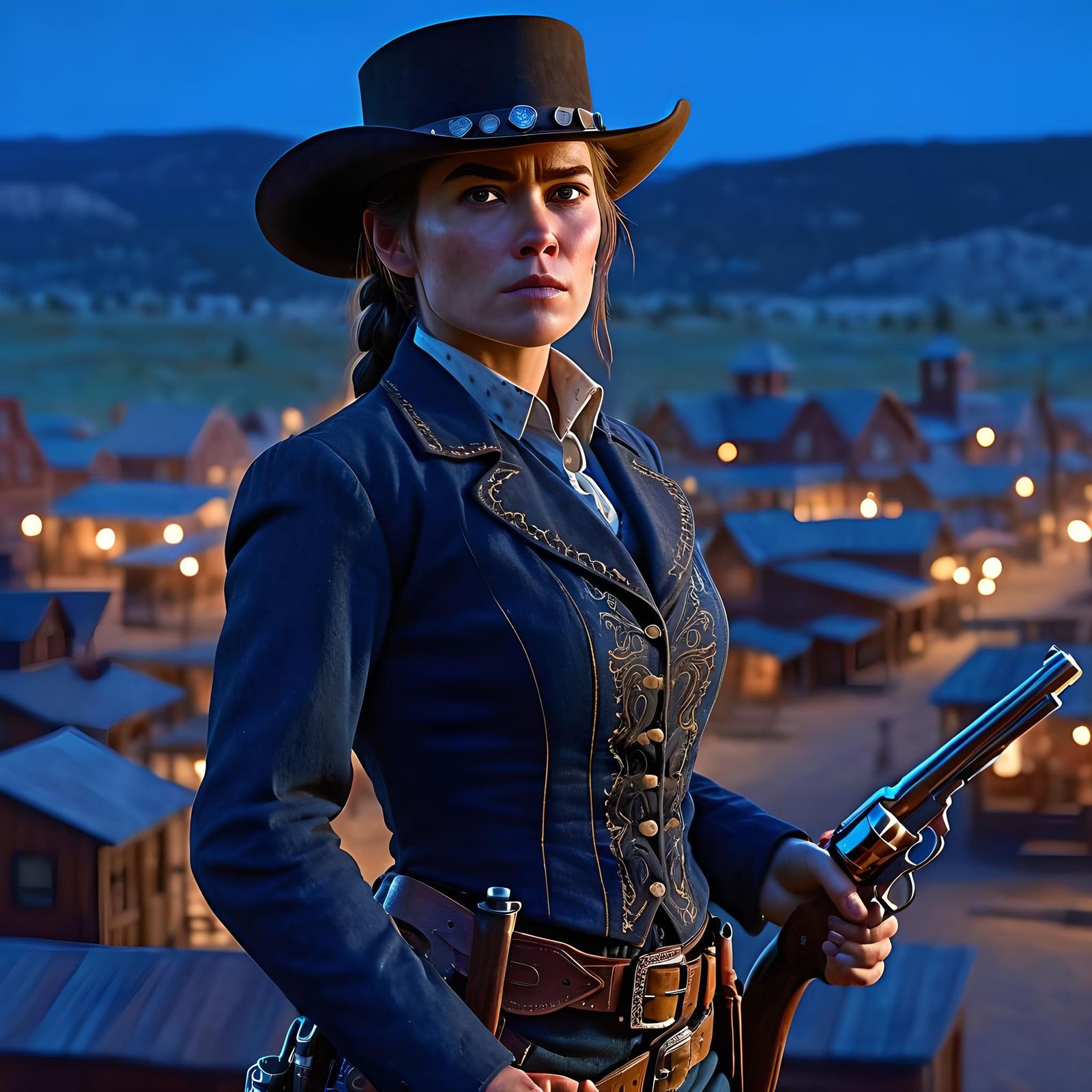 Female Gunslinger Portrait in Western Town at Blue Hour