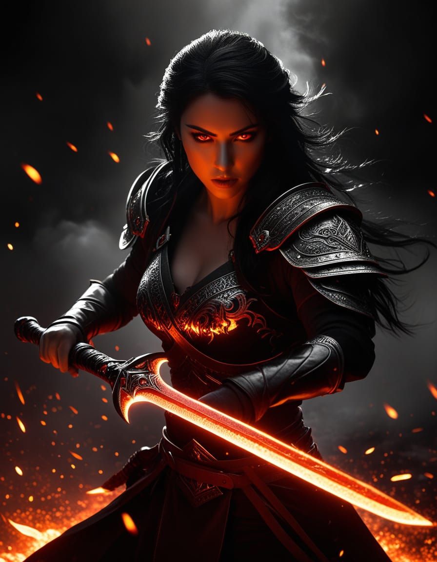Monochrome Warrior Woman with Fiery Blade in Dark Fantasy Ar...