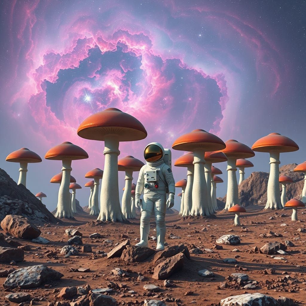 Astronaut Amidst Cosmic Mushrooms, Gazing at Vibrant Nebula ...