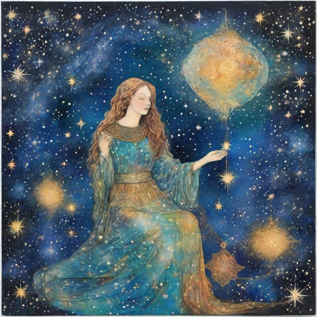 Celestial Being Collecting Stars in Encaustic Surreal Ink