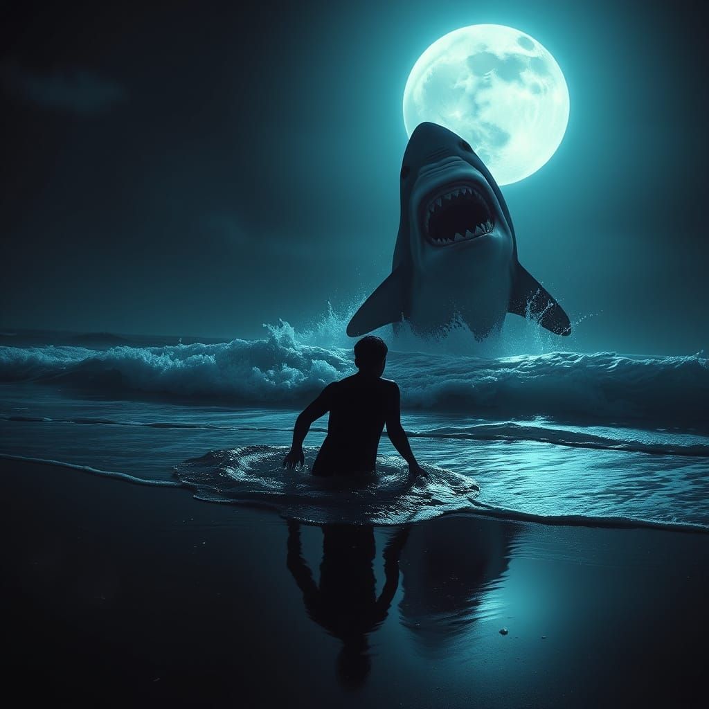 Shark Attack on Dark Beach in Ominous Style
