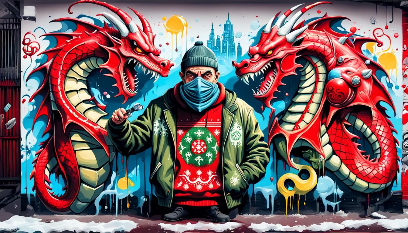 Bleeding Janus Red Dragon in Graffiti Style