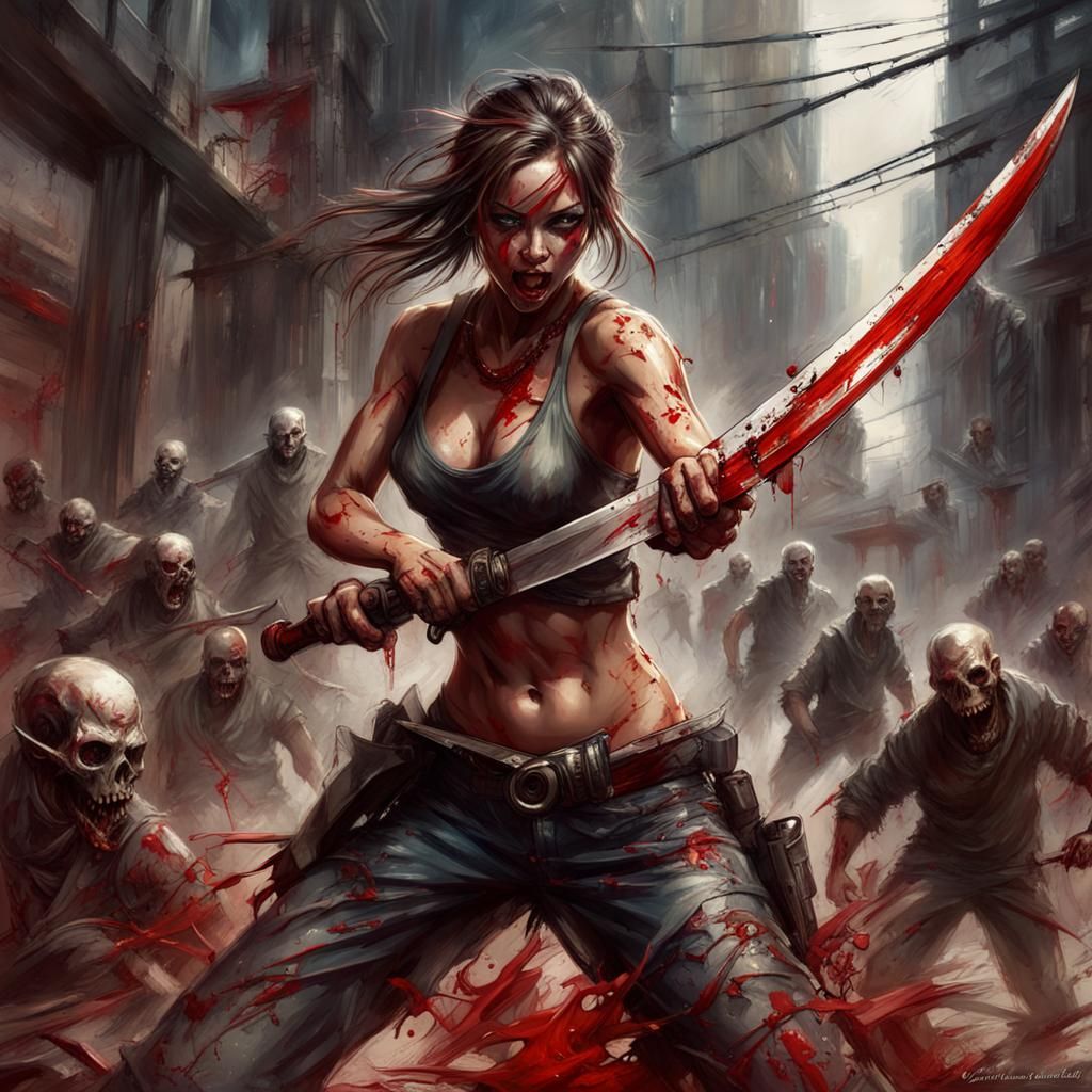 Post-Apocalyptic Woman Slaying Zombies in Impasto Style