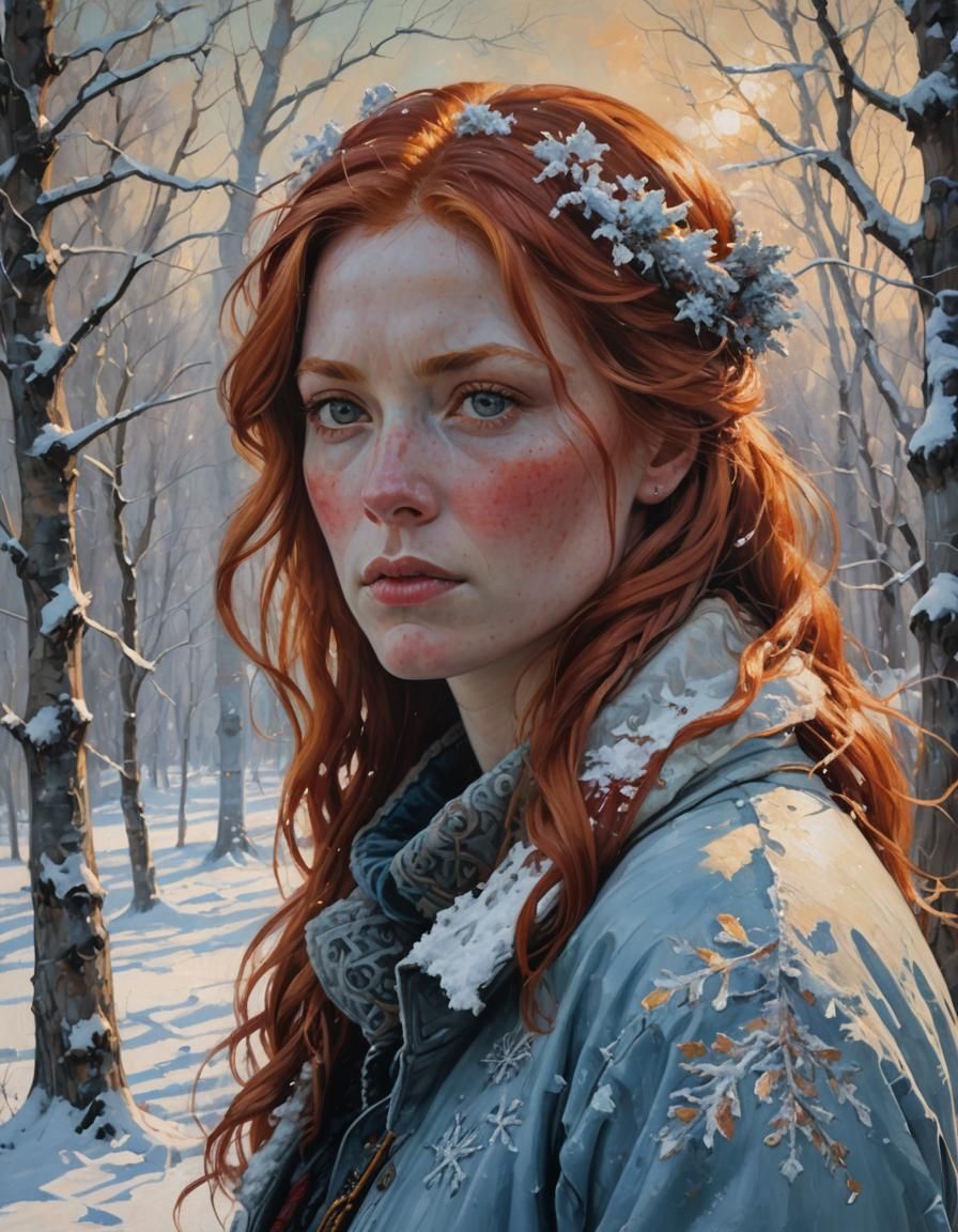 Regal Redhead in Winter Landscape: Oil Painting