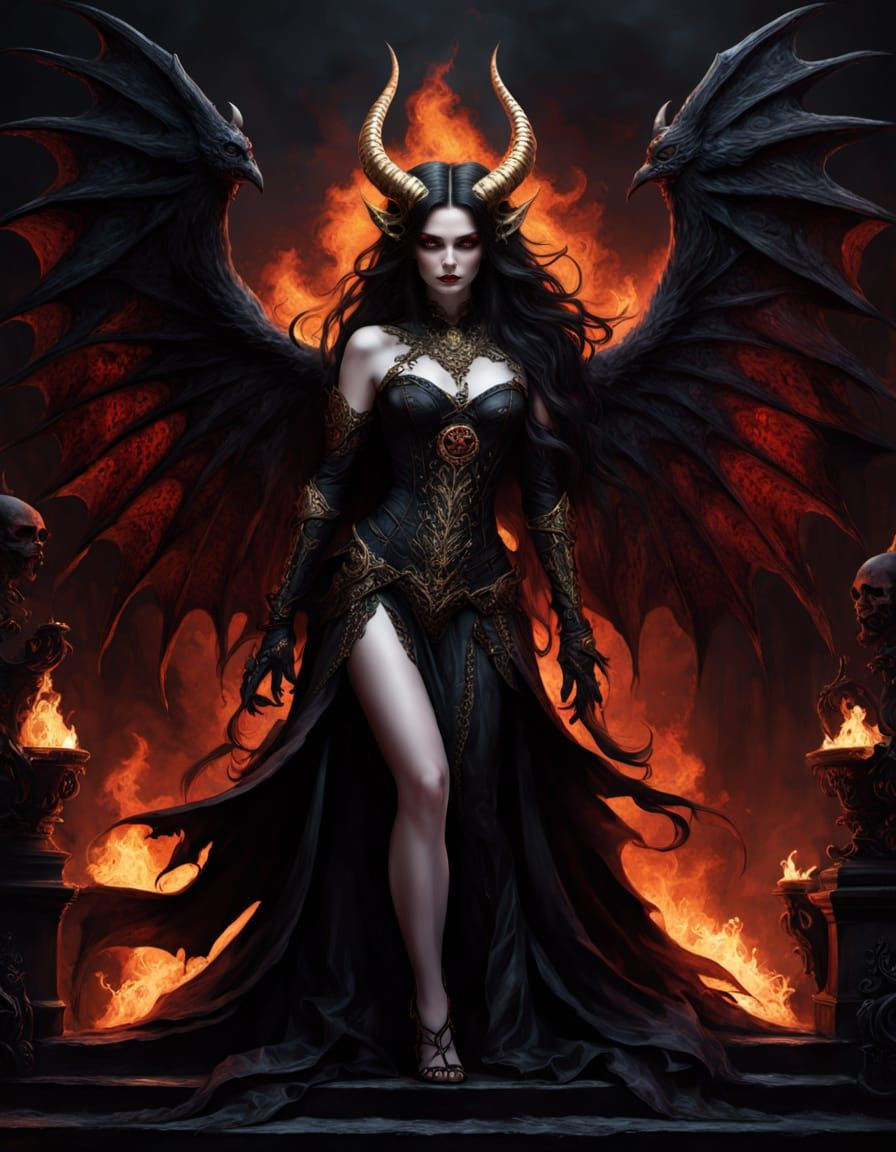 Seductive Devil Embodiment on Throne of Fire and Shadow