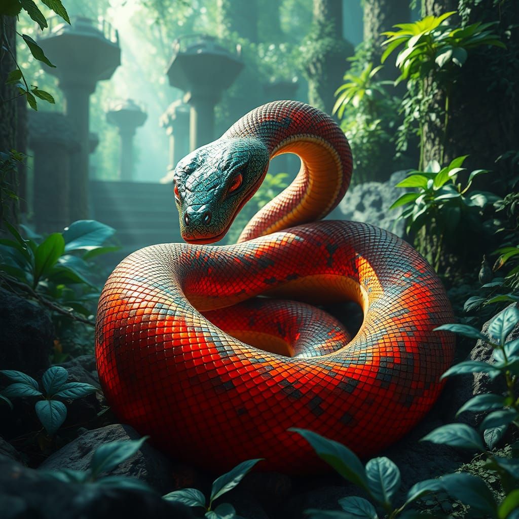 Serpentine Krait Coiled in Mystical Ruins