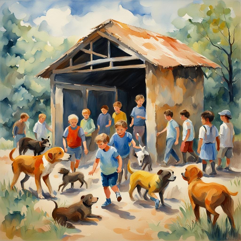 Handicapped Children and Animals in Gouache Style