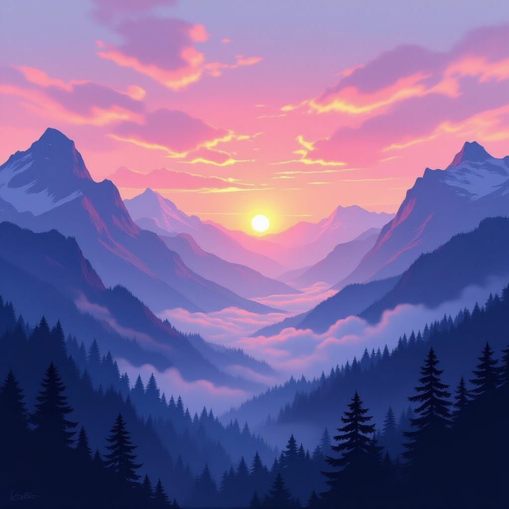 Misty Mountain Sunrise in the Style of Bierstadt