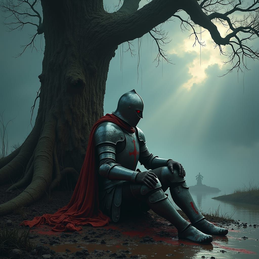 Wounded Knight in Gothic Armor Leans Against Tree