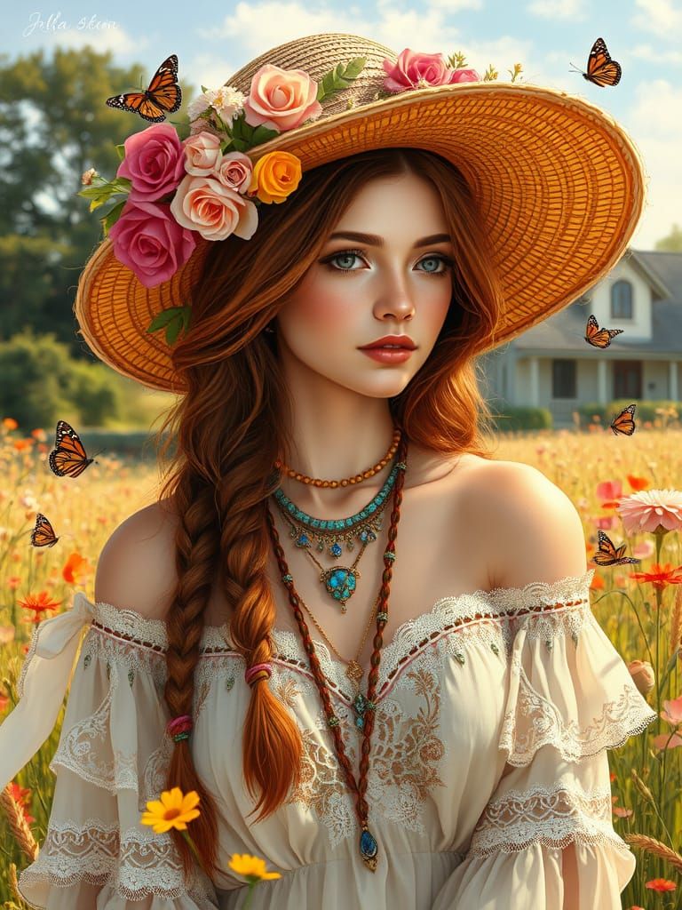 Bohemian Woman in Blooming Meadow, Golden Light