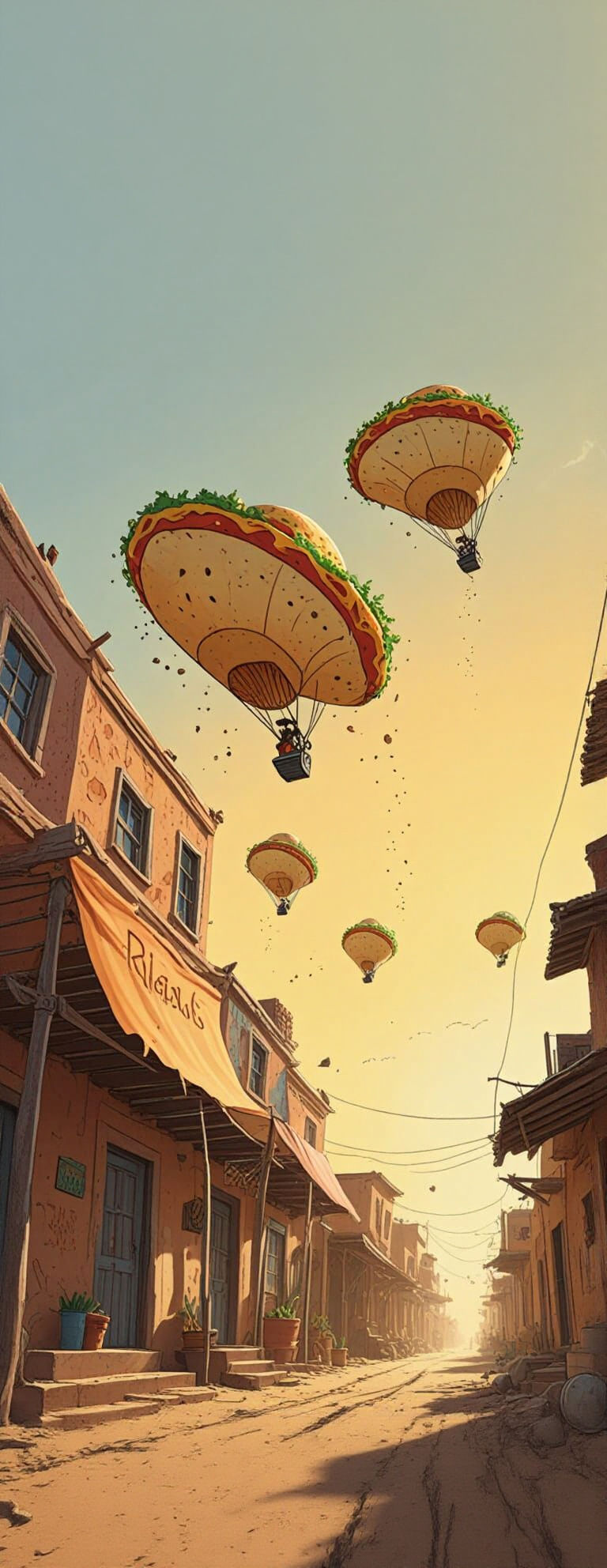 Flying Tacos in Dusty Town, Cartoon Style
