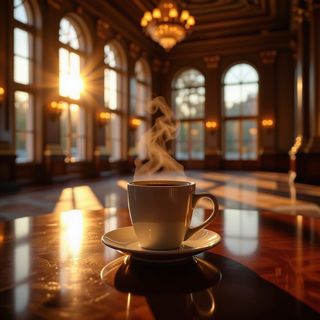 Steaming Coffee Mug Reflecting Art Deco Ballroom
