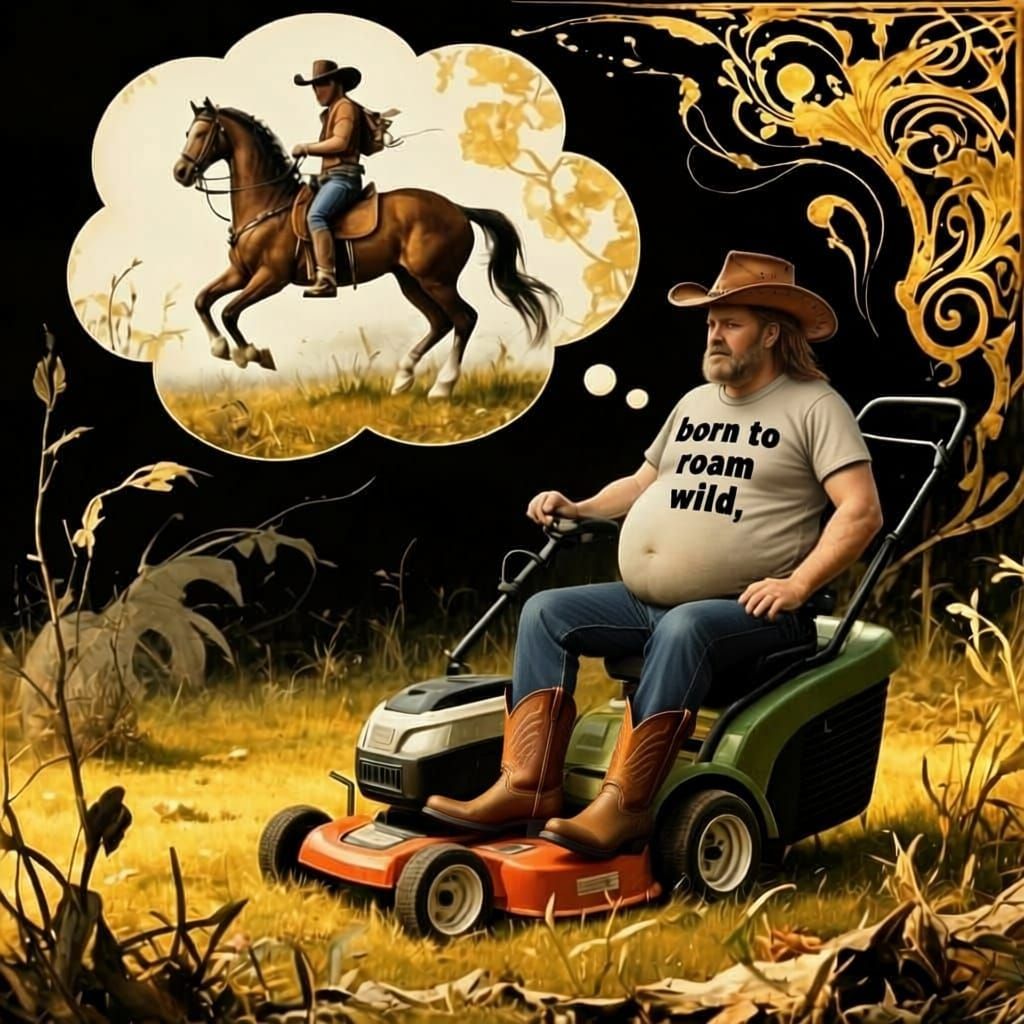 Dad's Cowboy Fantasy on Electric Mower