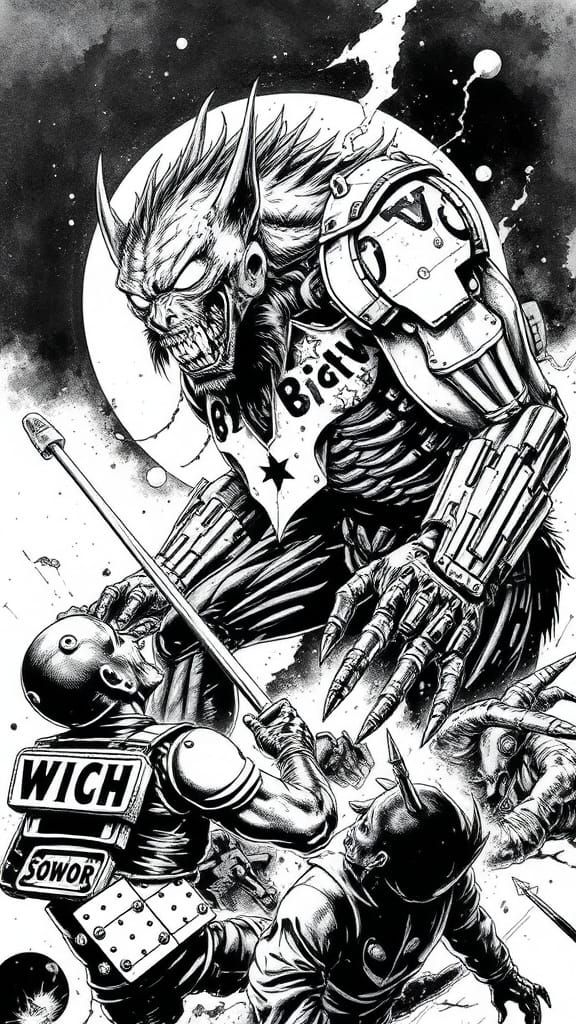 Cyberpunk Horror: Dark Ink Wash Illustration of Werewolf Cyb...