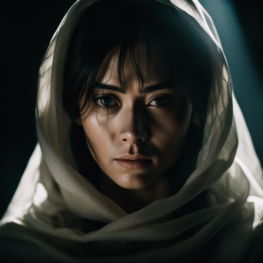 Dark-Haired Woman in Linen Shroud: Cinematic Still