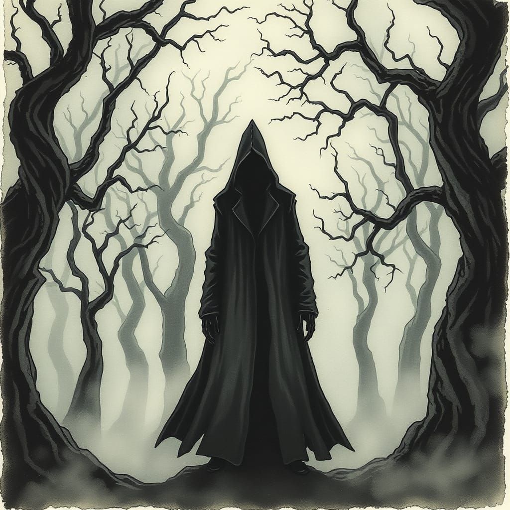 Eerie Figure in Twisted Forest: Whimsical Dark Art