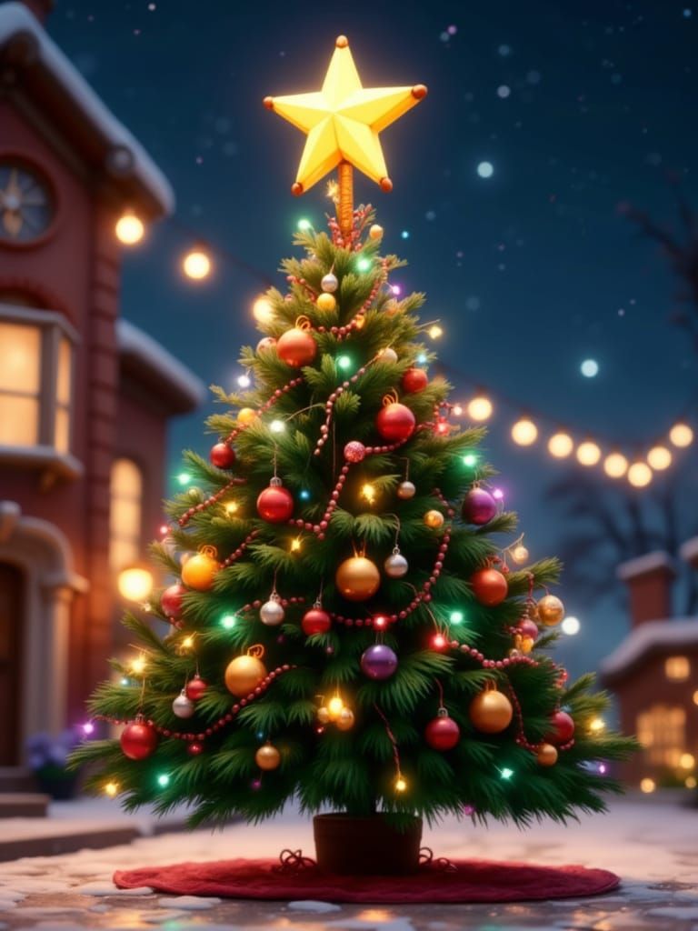 Whimsical Christmas Tree with Heavy Star in Cartoon Style