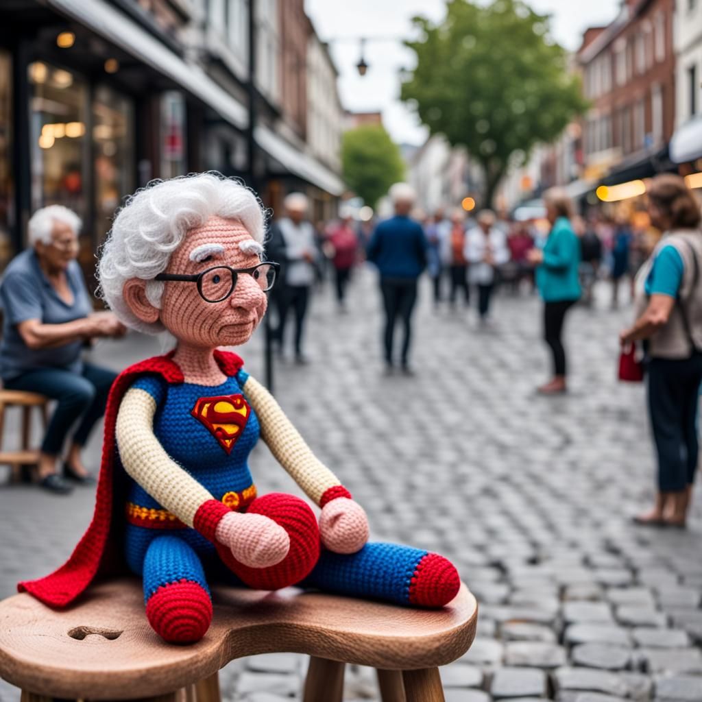 Elderly Woman Crochets Superman Amigurumi: Street Photograph...
