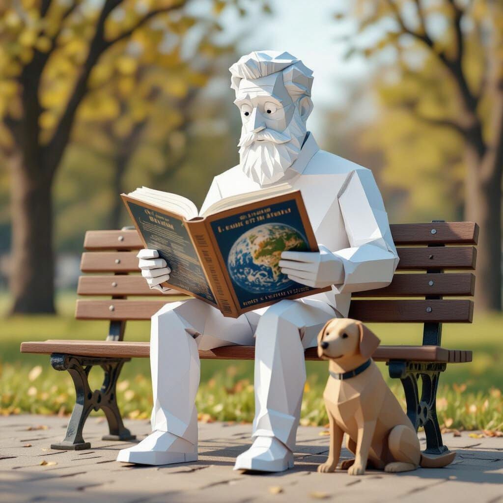 3D Paper Man Reads About World Wonders on Park Bench