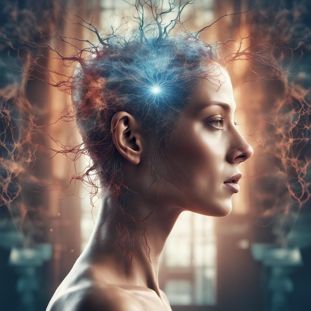double exposure of realistic woman's head. inside her head are  visible neurons traveling inside her brain