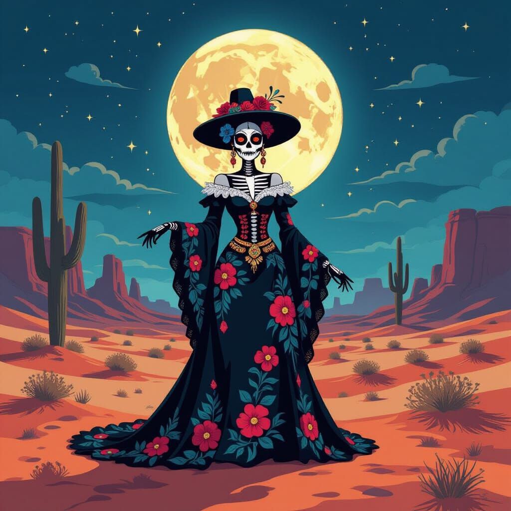 Majestic Catrina in Moonlit Desert