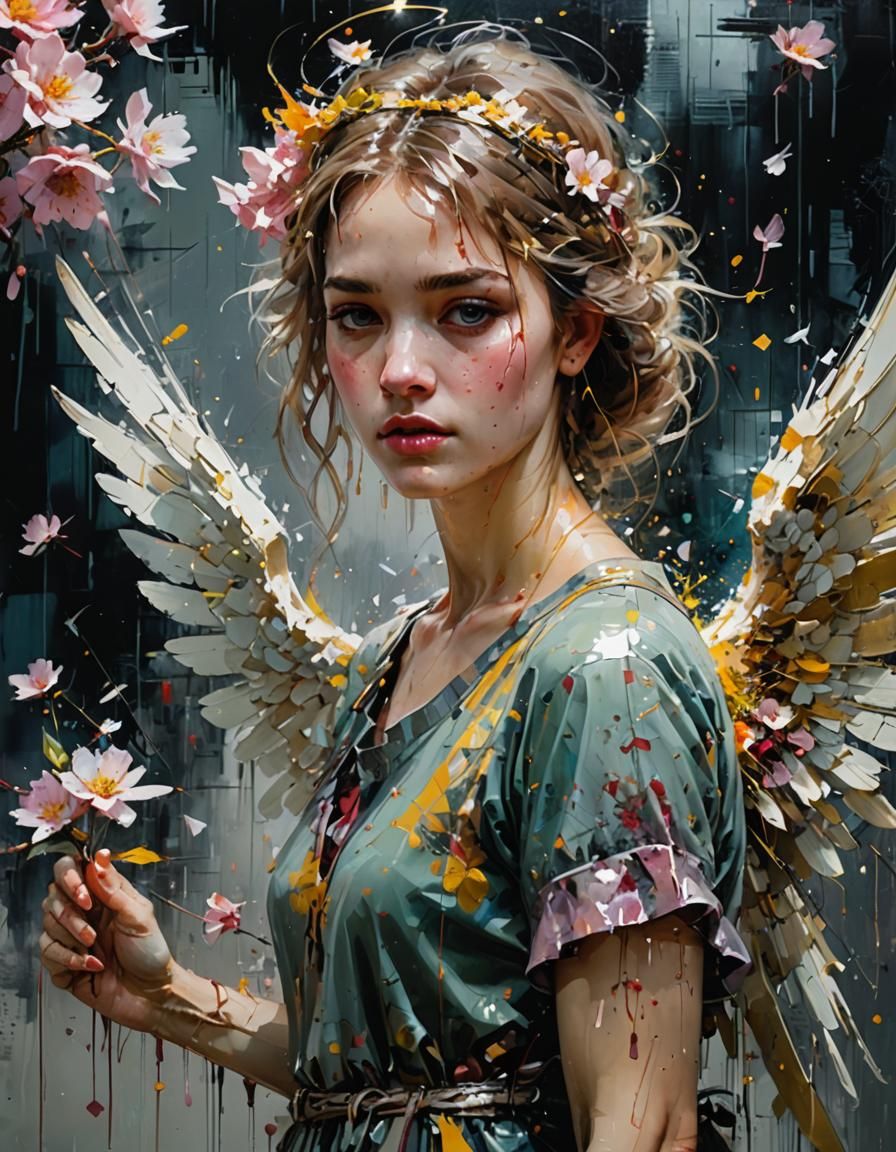 Emotional Cherry Blossom Angel in Oil Painting Style