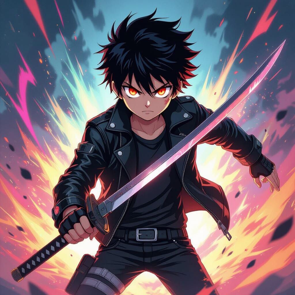 Anime Boy with Demon Eyes and Sword, Energetic Aura