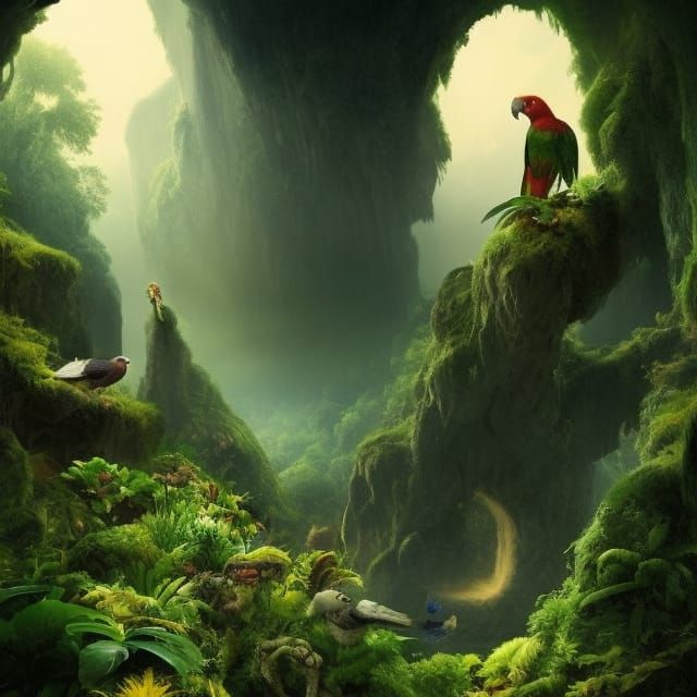 Paradise Cave with Parrots: Digital Matte Painting