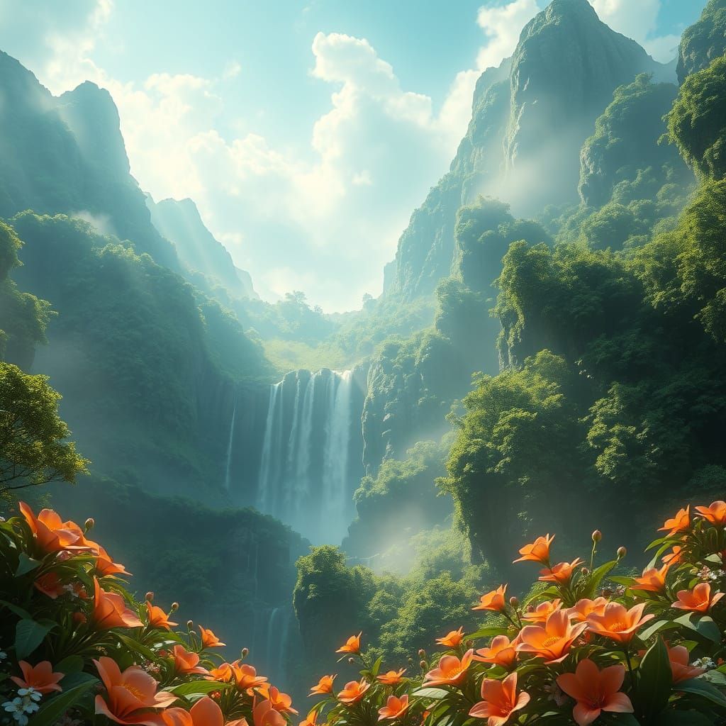 Dreamlike Landscape with Waterfalls and Exotic Flowers