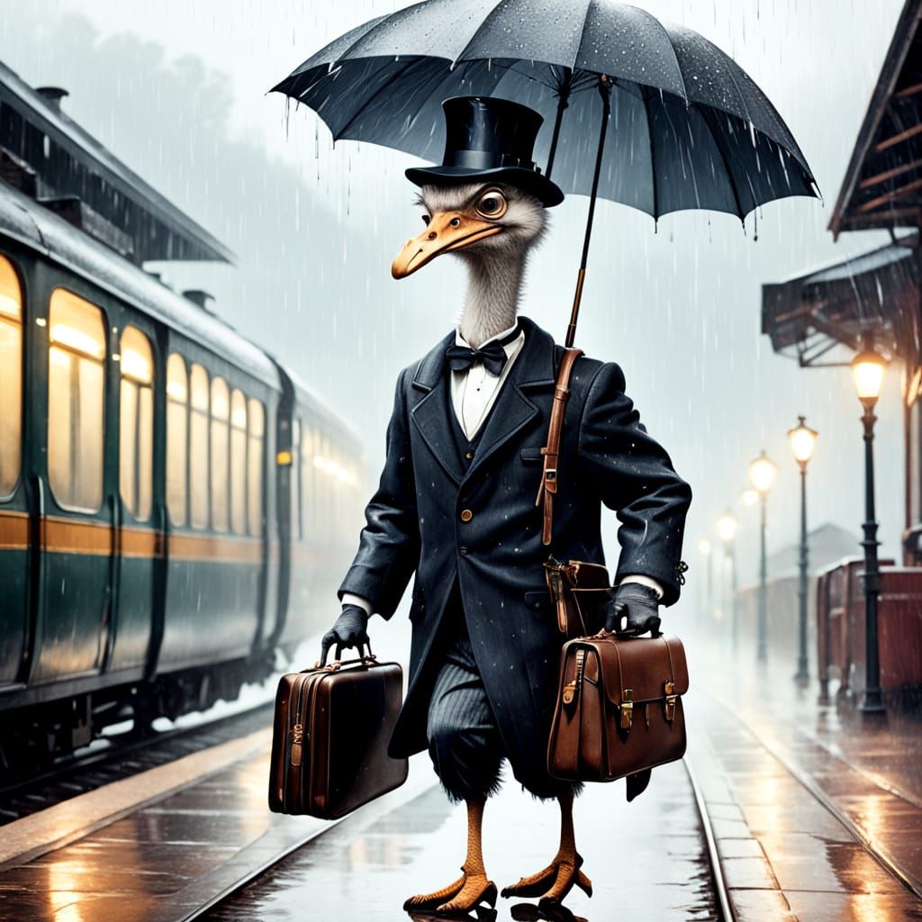 Ostrich in Top Hat Catches Train: 1950s Style