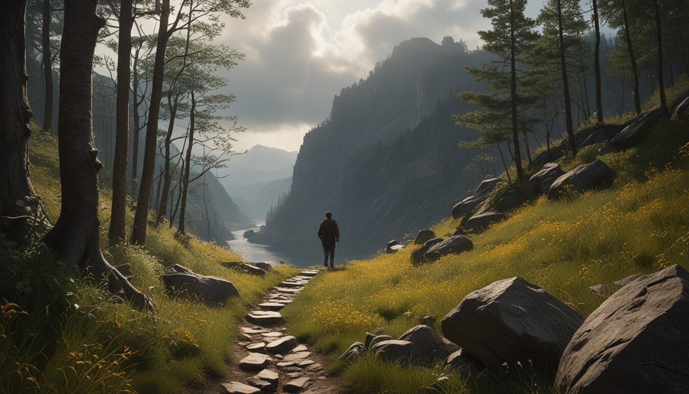 Stoic Traveller Ascends Amidst Contrasting Landscapes