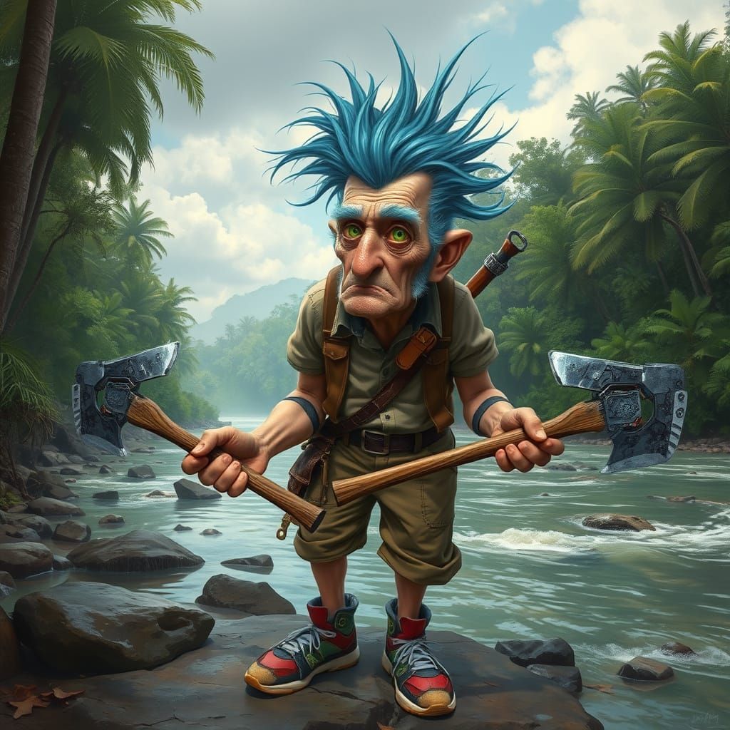 an eccentric elderly man with wild, unkempt blue hair sticki...