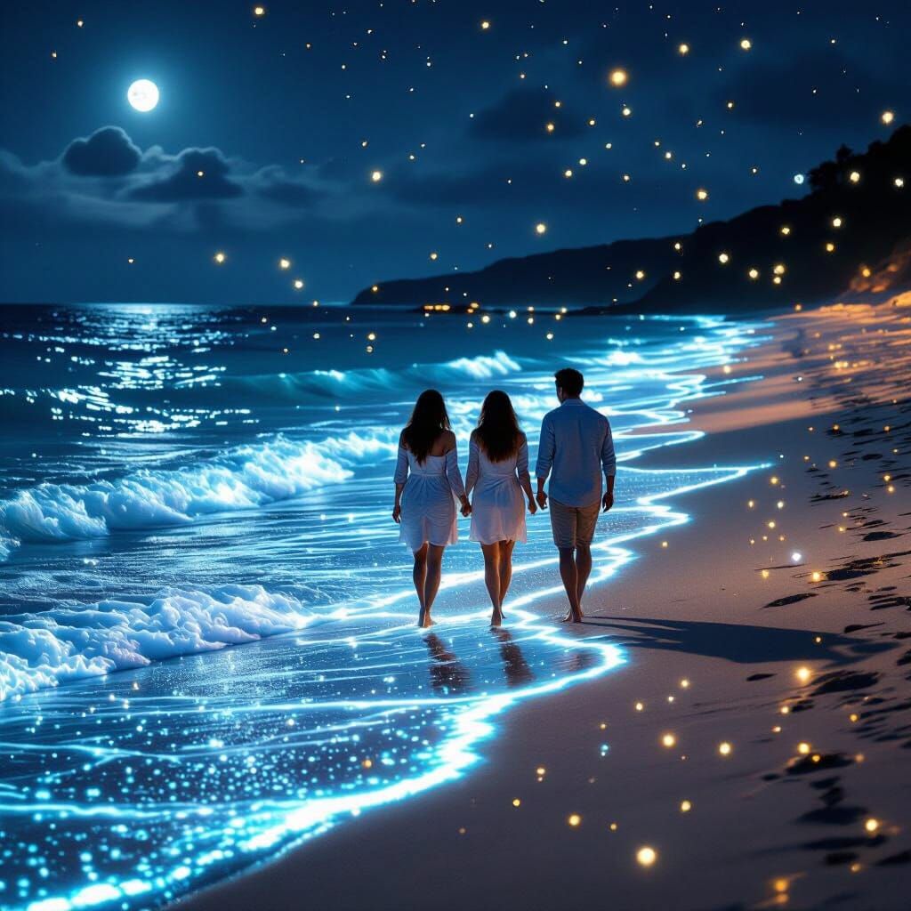 Bioluminescent Beach Stroll in Dreamlike Soft Focus