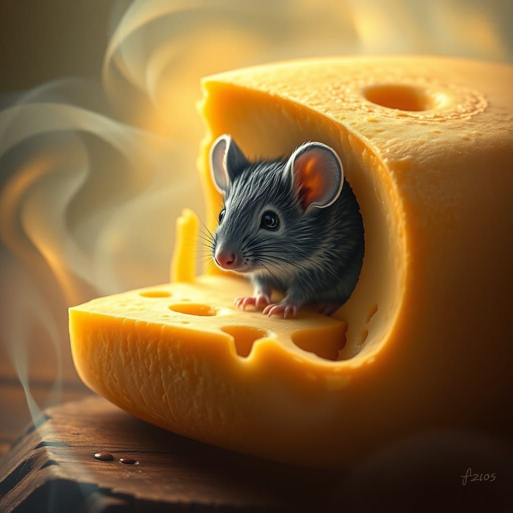 Whimsical Mouse Amidst Artisanal Cheese Wheel