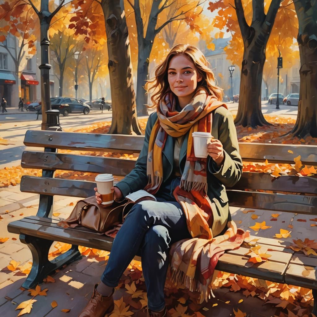Very simple prompt - autumn, city, colorful leaves, bench, girl, scarf, coffee large