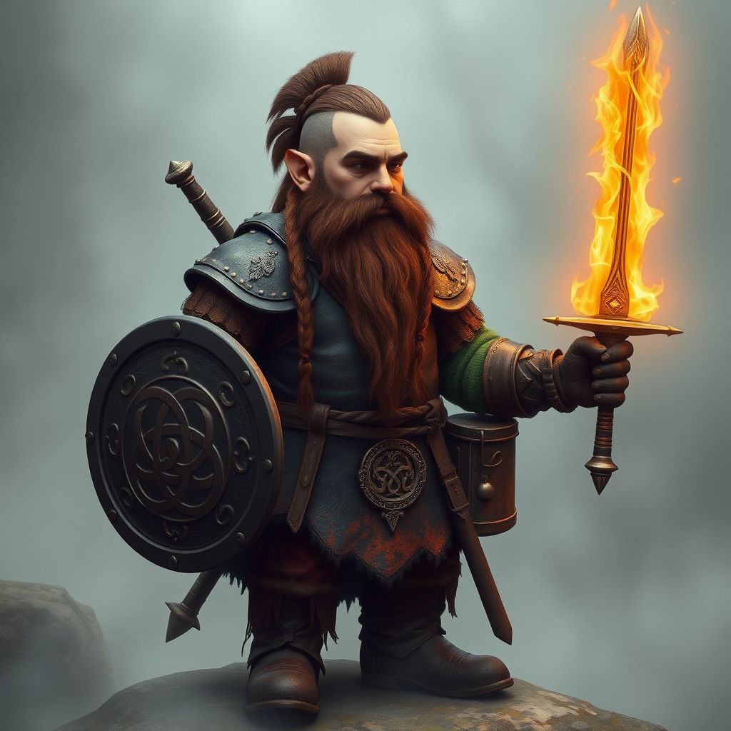 Dwarf Warrior with Flaming Sword in Mystical Realm
