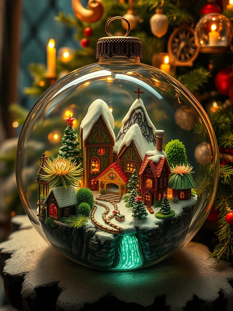 Miniature Christmas Village with Alien Flora, Art Nouveau St...