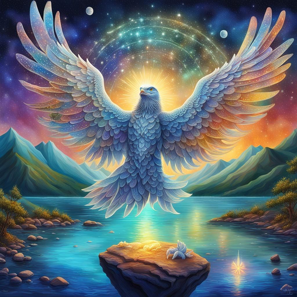 Diamond Phoenix on Magic Lake: Cosmic Illustration