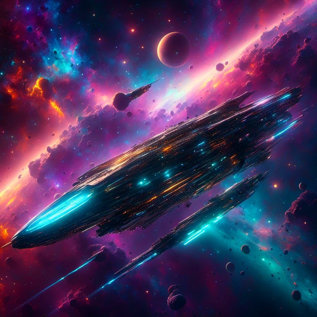 Sleek Spaceship Soaring Through Vibrant Nebula