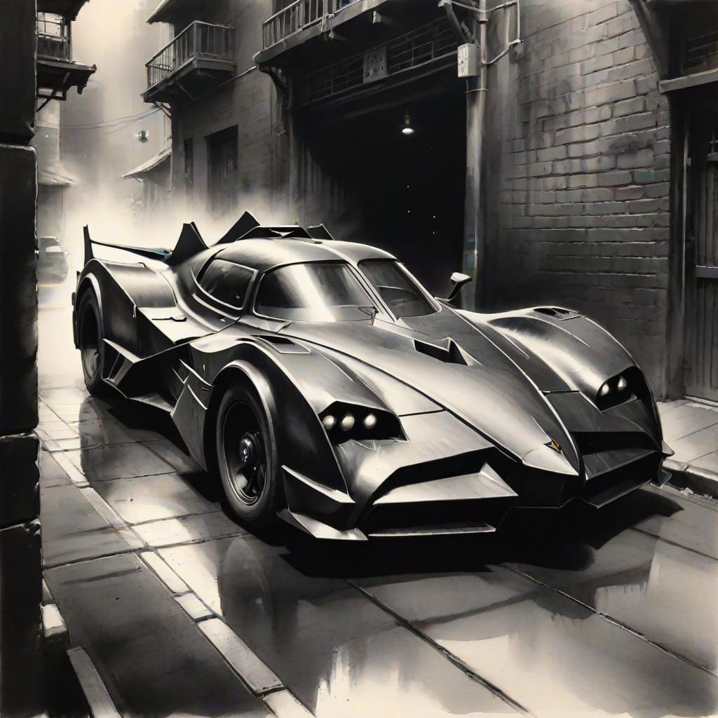 Batmobile in Dark Alley: Sumi-e Ink Wash Art