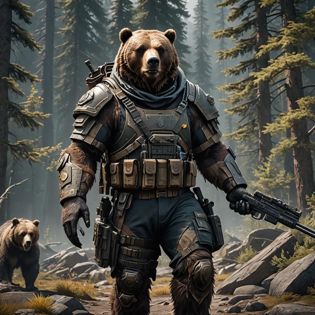 Grizzly Bear Soldier in Detailed Matte Painting