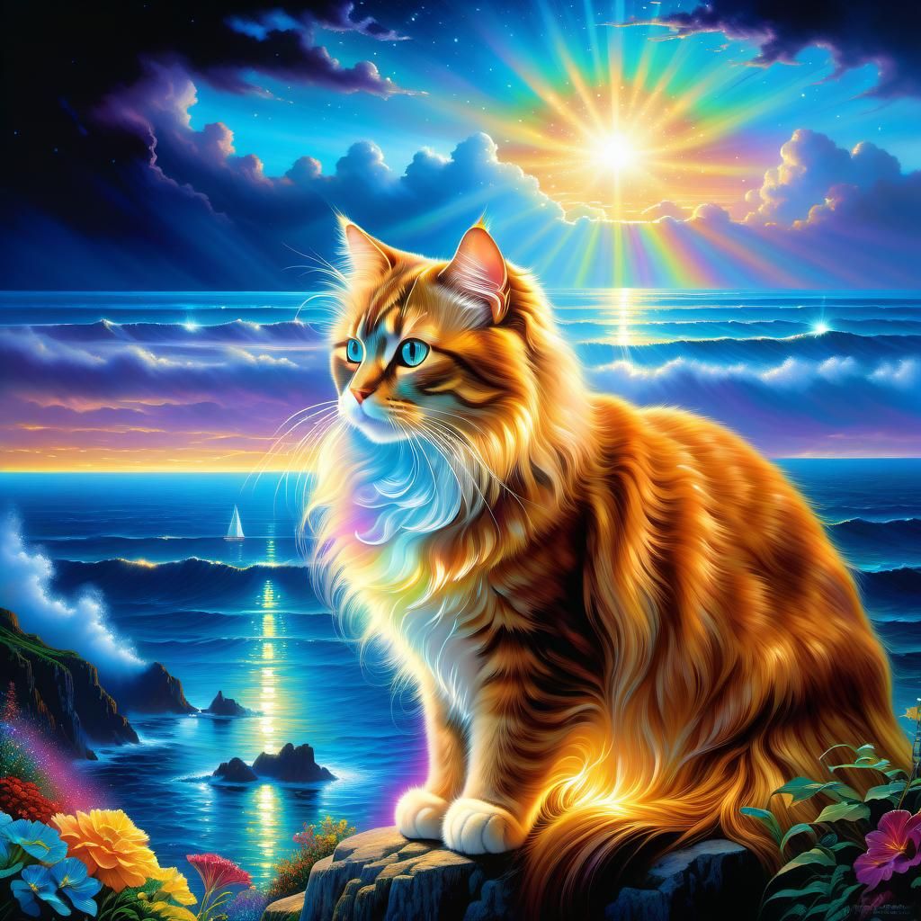 Holographic Cat Contemplates the Sea at Night